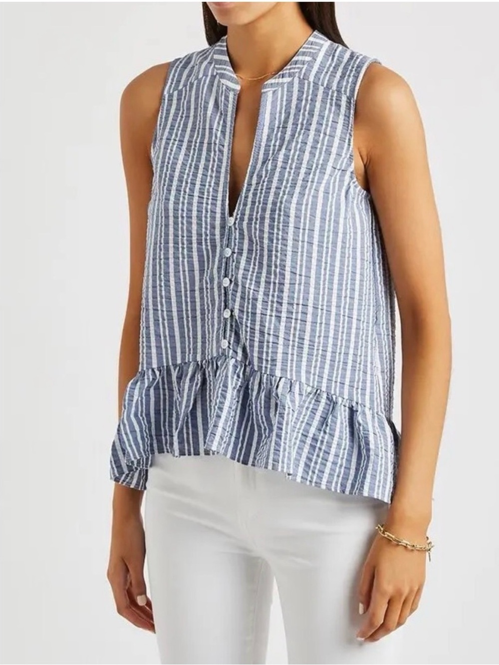 VERONICA BEARD Antonina Sleeveless Blue & White Striped Shirt SIZE: SMALL